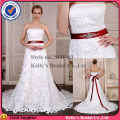 Imported french lace as the mainly fabric & back zipper design with a long and red satin ribbon satin sexy sheath wedding gown